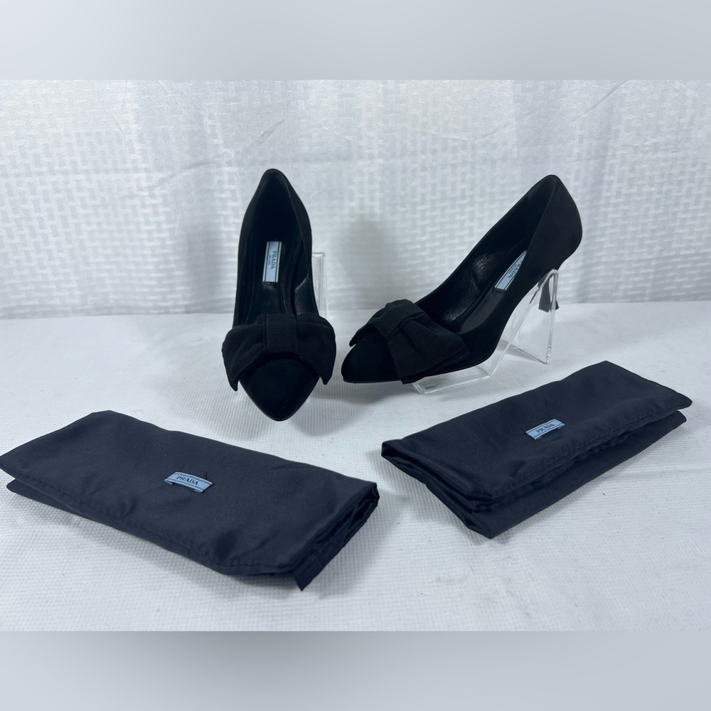 Prada Grosgrain Bow Pointed Toe Pumps Black Suede EU 36